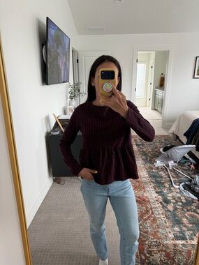 Zara Burgundy & Black Gingham Peplum Long-Sleeve Top